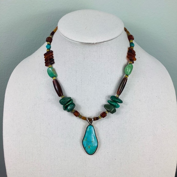 Turquoise, semi-precious stone and sterling silver necklace - Picture 6 of 8